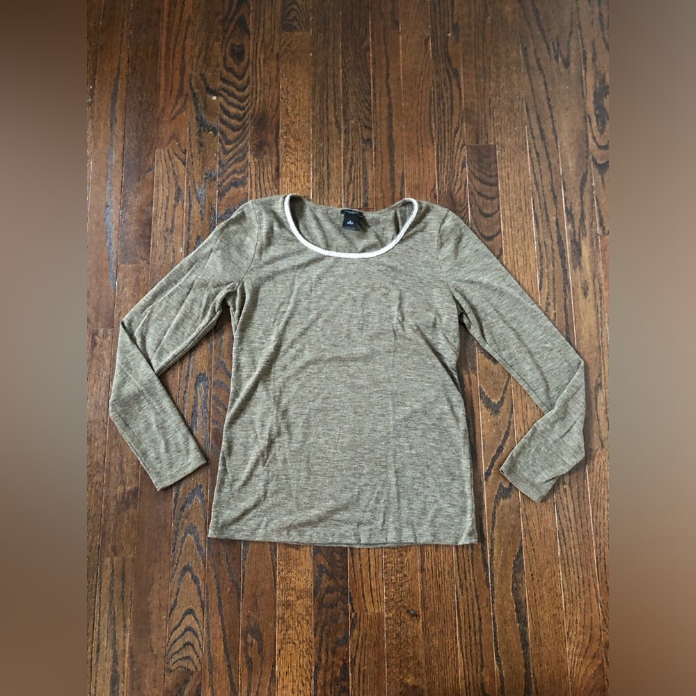 Ann Taylor Women’s S Heathered Brown Long-Sleeved Scoop Neck Silver Laced Blouse